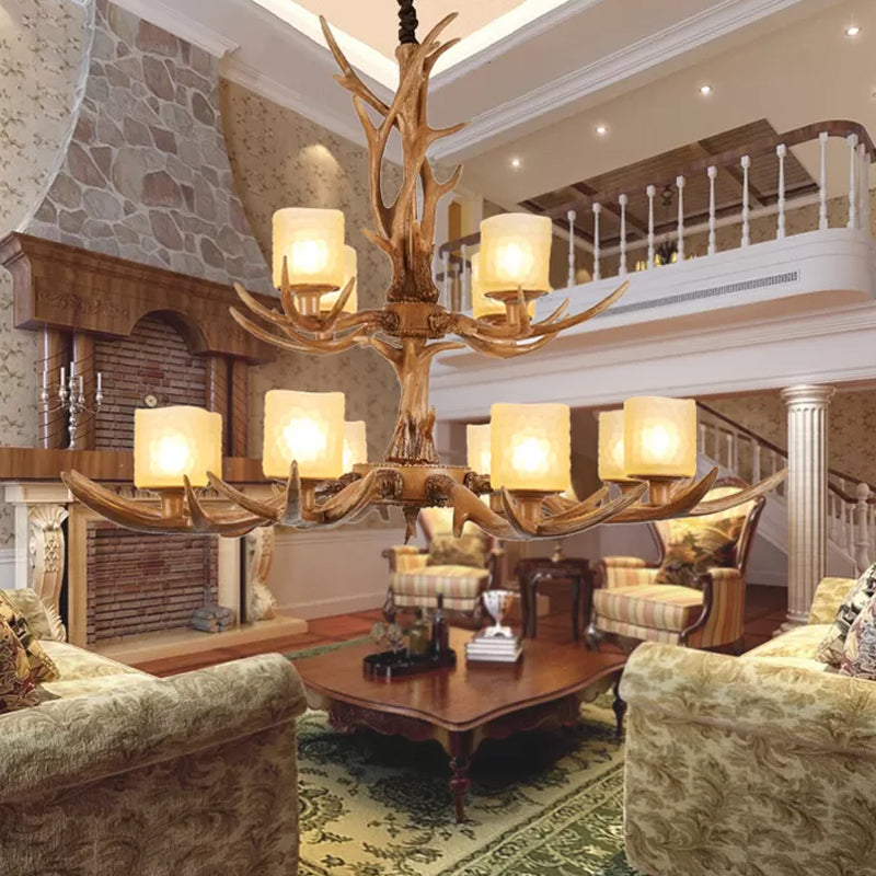 Cylindrical Glass Ceiling Lamp Traditional 4/6/8-Bulb Living Room Pendant Chandelier in Brown