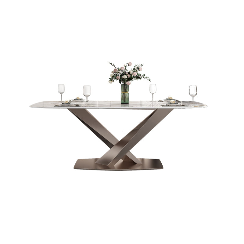 Modern Style Sintered Stone Dining Table with Standard Height Table and Rose Gold Trestle Base
