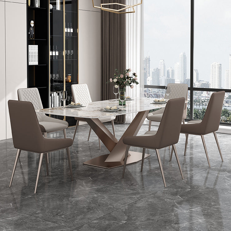 Modern Style Sintered Stone Dining Table with Standard Height Table and Rose Gold Trestle Base