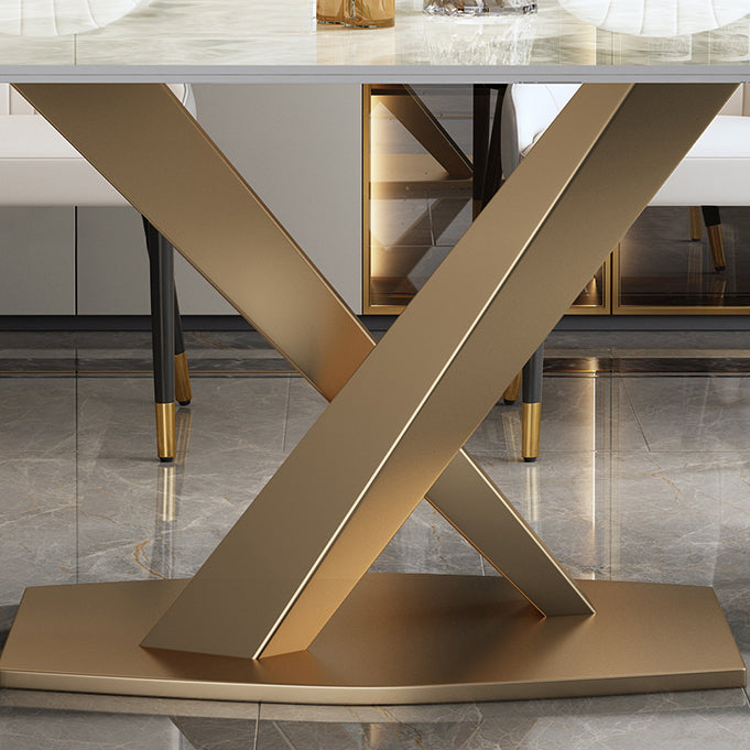 Modern Style Sintered Stone Dining Table with White Table and Gold Trestle Base for Home Use