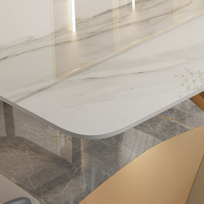 Modern Style Sintered Stone Dining Table with White Table and Gold Trestle Base for Home Use