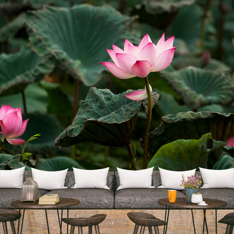 Lotus Leaf and Lotus Mural Wallpaper Stain-Resistant Wall Decor for Guest Room