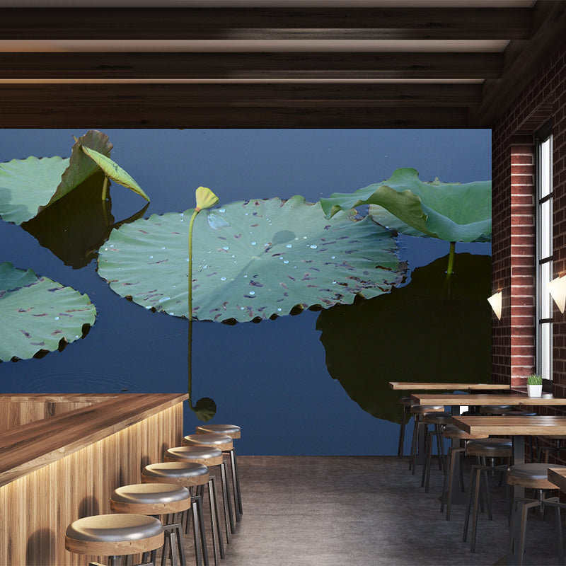 Green Lotus Leaf Mural Wallpaper Stain Resistant Wall Covering for Living Room