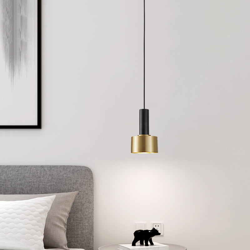 Cylindrical Bedroom Pendant Light Kit Metal Simple Hanging Ceiling Light in Black-Gold