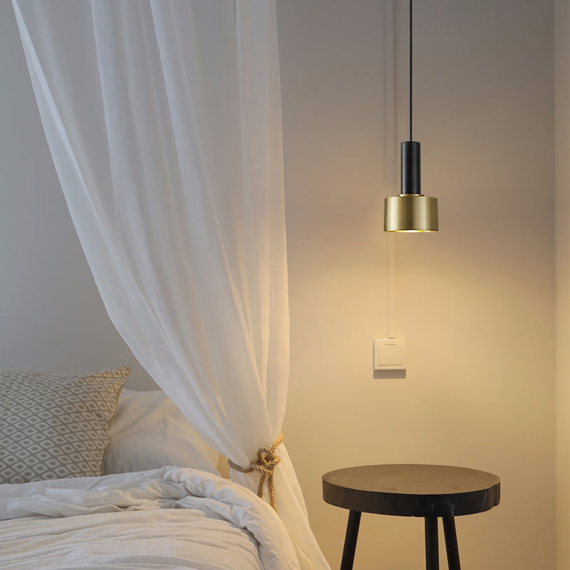 Cylindrical Bedroom Pendant Light Kit Metal Simple Hanging Ceiling Light in Black-Gold