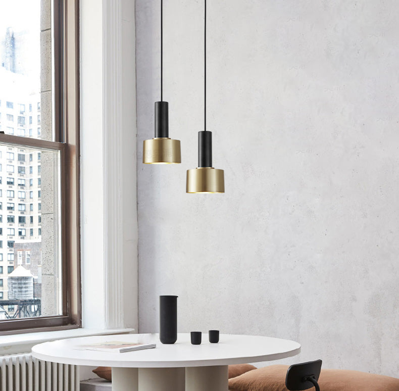 Cylindrical Bedroom Pendant Light Kit Metal Simple Hanging Ceiling Light in Black-Gold