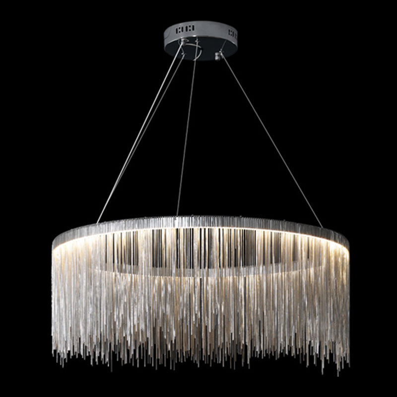 Silver Round Pendant Pildal Metal Chain Shade Chandelier Light pour salle à manger