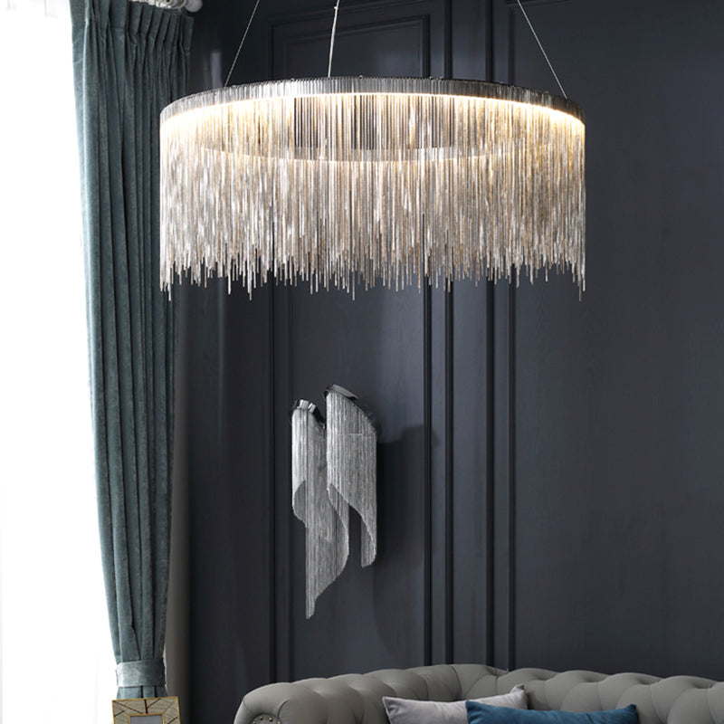 Silver Round Pendant Pildal Metal Chain Shade Chandelier Light pour salle à manger