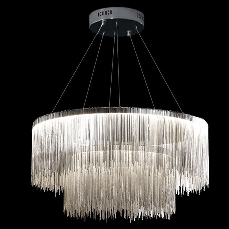 Silver Round Pendant Pildal Metal Chain Shade Chandelier Light pour salle à manger