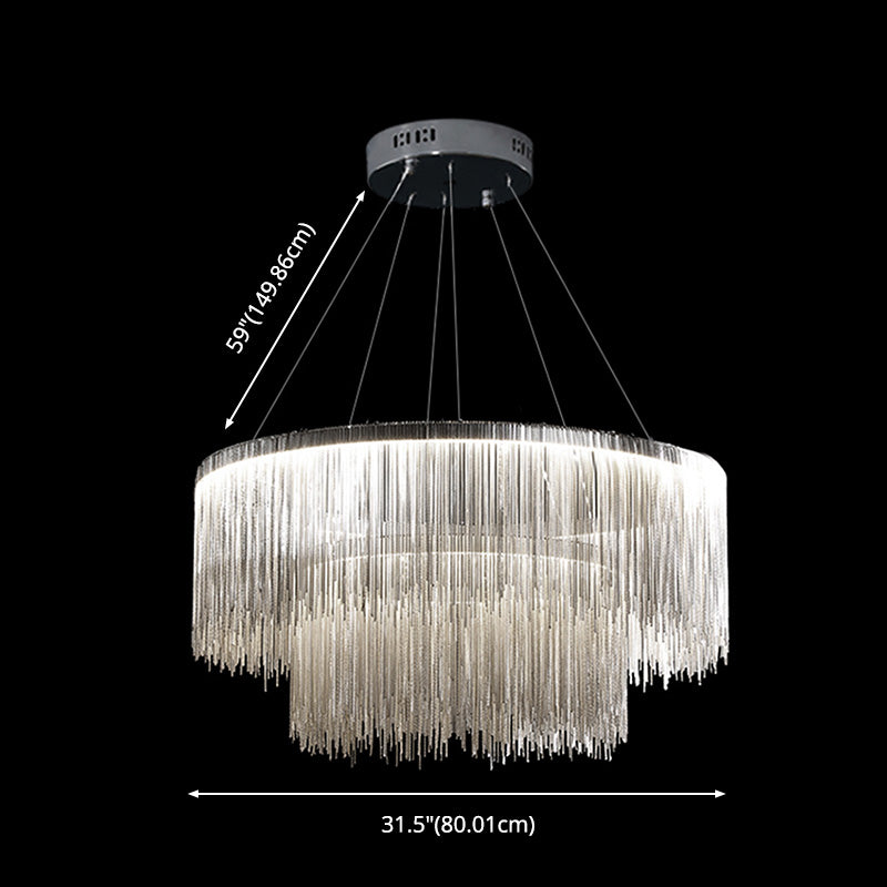 Silver Round Pendant Pildal Metal Chain Shade Chandelier Light pour salle à manger