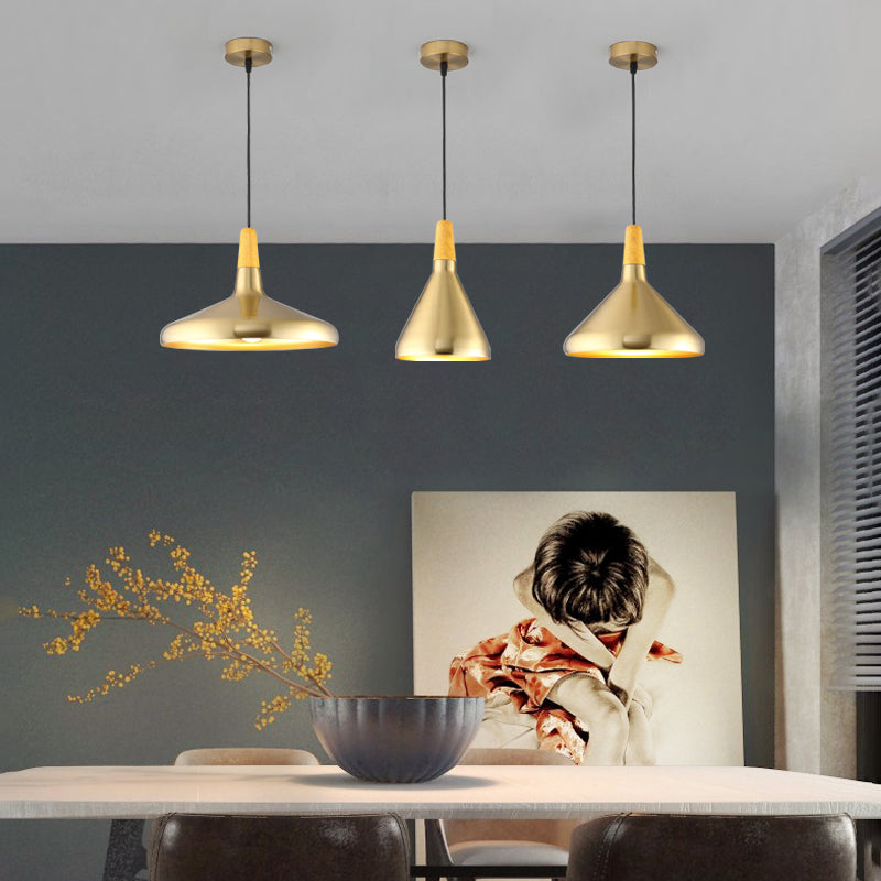 Gold Wood Capped Ceiling Pendant Light Minimalist Style Metal Hanging Light Fixture