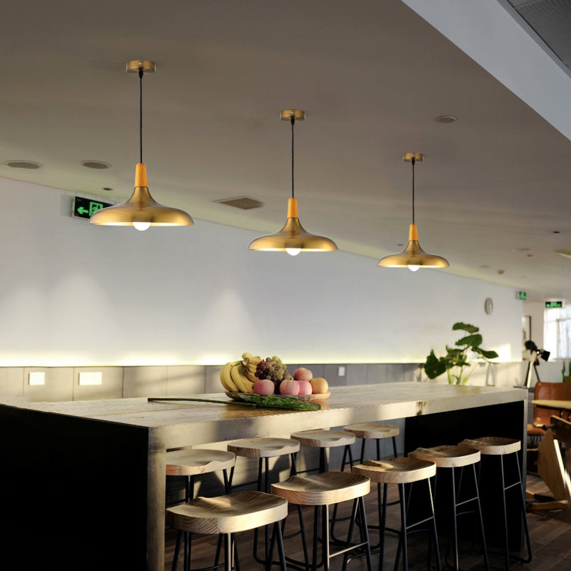 Gold Wood Capped Ceiling Pendant Light Minimalist Style Metal Hanging Light Fixture