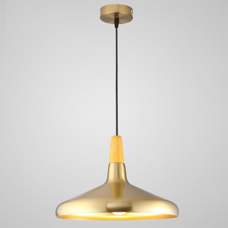 Gold Wood Capped Ceiling Pendant Light Minimalist Style Metal Hanging Light Fixture