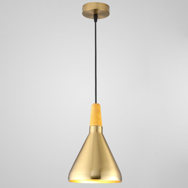 Gold Wood Capped Ceiling Pendant Light Minimalist Style Metal Hanging Light Fixture
