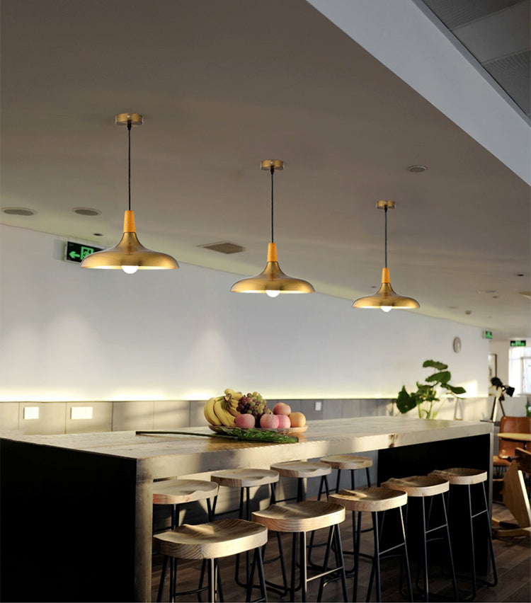 Gold Wood Capped Ceiling Pendant Light Minimalist Style Metal Hanging Light Fixture