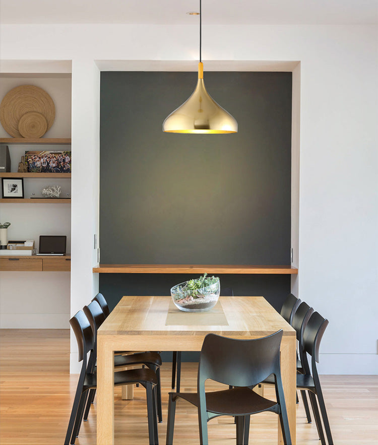 Gold Wood Capped Ceiling Pendant Light Minimalist Style Metal Hanging Light Fixture