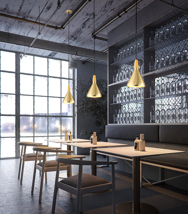 Gold Wood Capped Ceiling Pendant Light Minimalist Style Metal Hanging Light Fixture