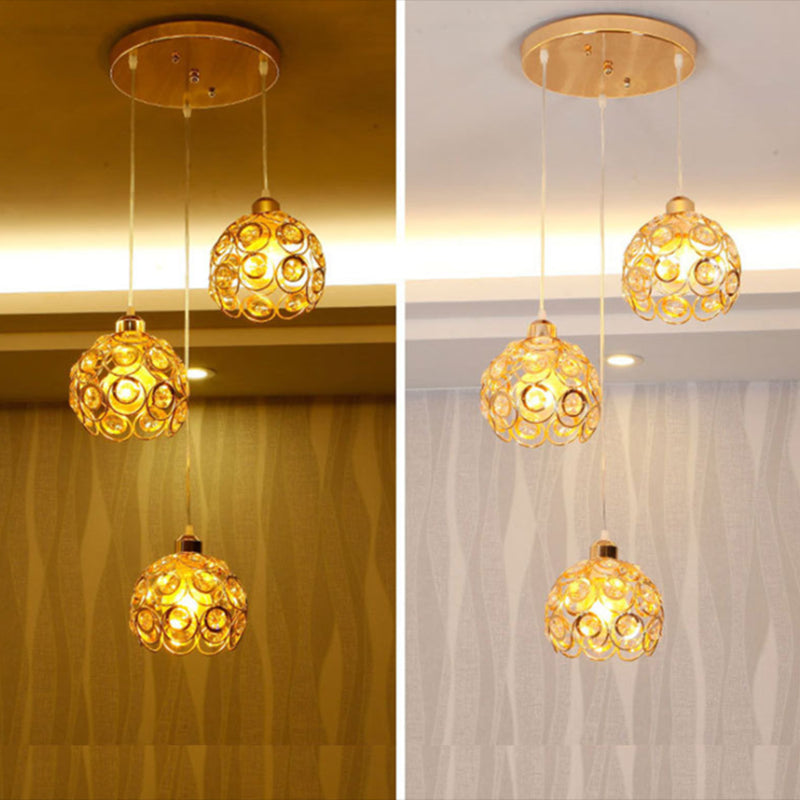 Round Crystal Suspension Light Fixture Contemporary 3-Light Gold Finish Multiple Hanging Light