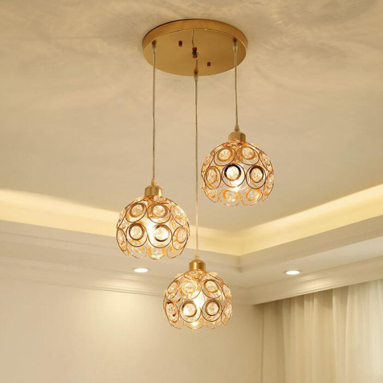 Round Crystal Suspension Light Fixture Contemporary 3-Light Gold Finish Multiple Hanging Light