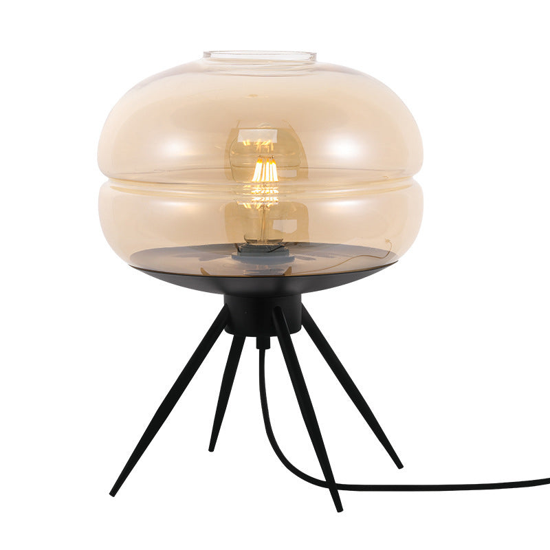 Black Drum Single Table Lamp in Modern Concise Style Wrought Iron Table Light with Glass Shade