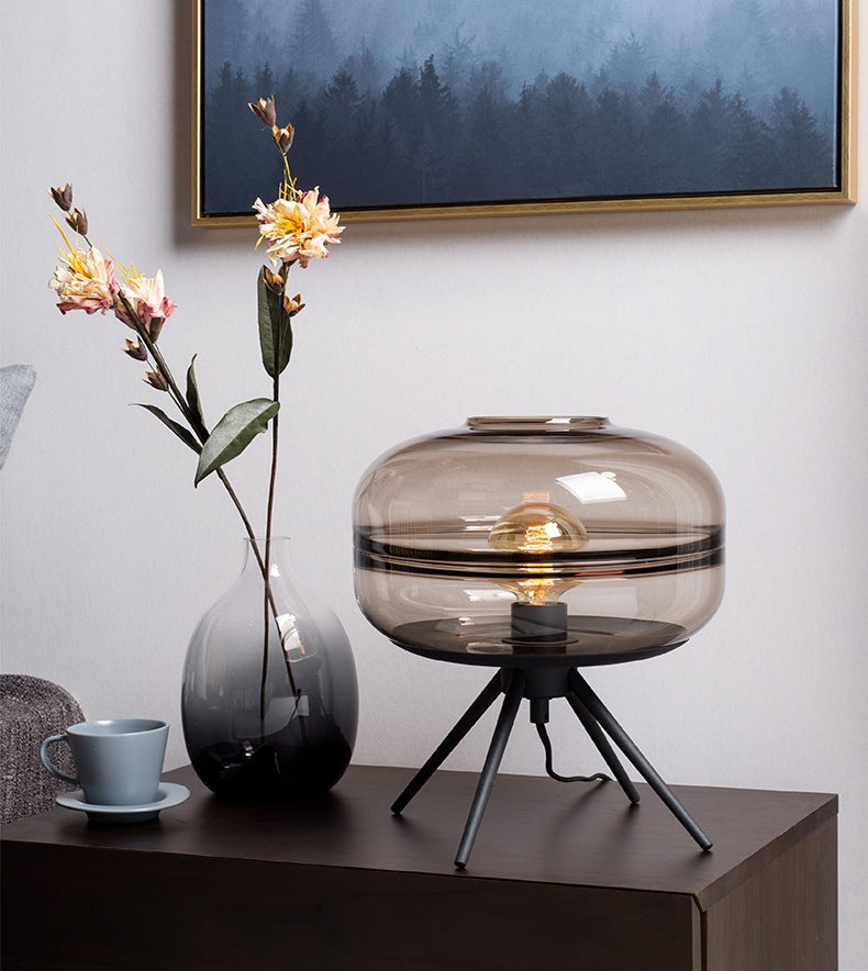 Modern Creative Drum Table Lamp Wrought Iron Indoor Table Light with Glass Shade