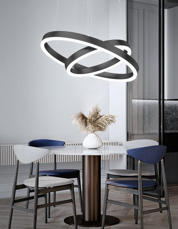Lustre noir moderne plusieurs anneaux de plafond pendentif en métal léger en métal