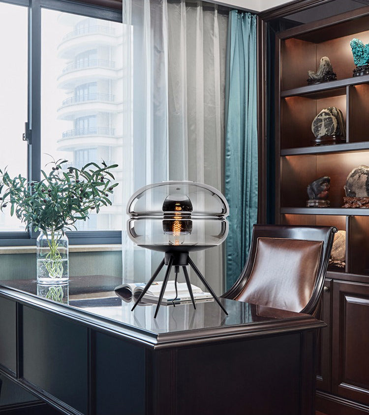 Black Drum Indoor Table Lamp in Modern Creative Style Wrought Iron Table Light with Glass Shade