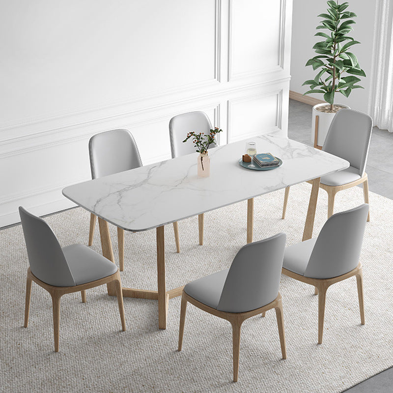 Contemporary Dining Table Set with Solid Wood Table and PU Leather Chairs