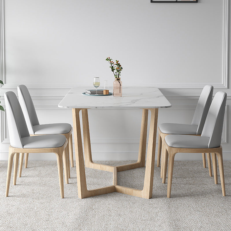 Contemporary Dining Table Set with Solid Wood Table and PU Leather Chairs