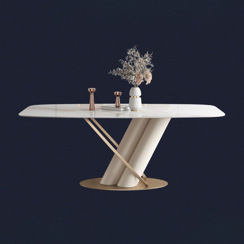 Minimalist Rectangle Dining Set for 4/6 with Glod Chairs Sintered Stone Dining Table with Metal Base