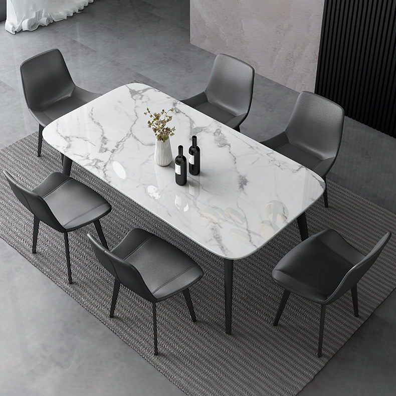 Contemporary Style Marble Dining Set with White Table and 4 Black Legs Base for Home Use