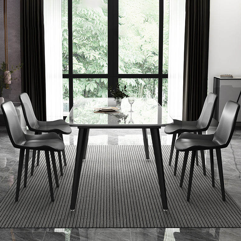 Contemporary Style Marble Dining Set with White Table and 4 Black Legs Base for Home Use