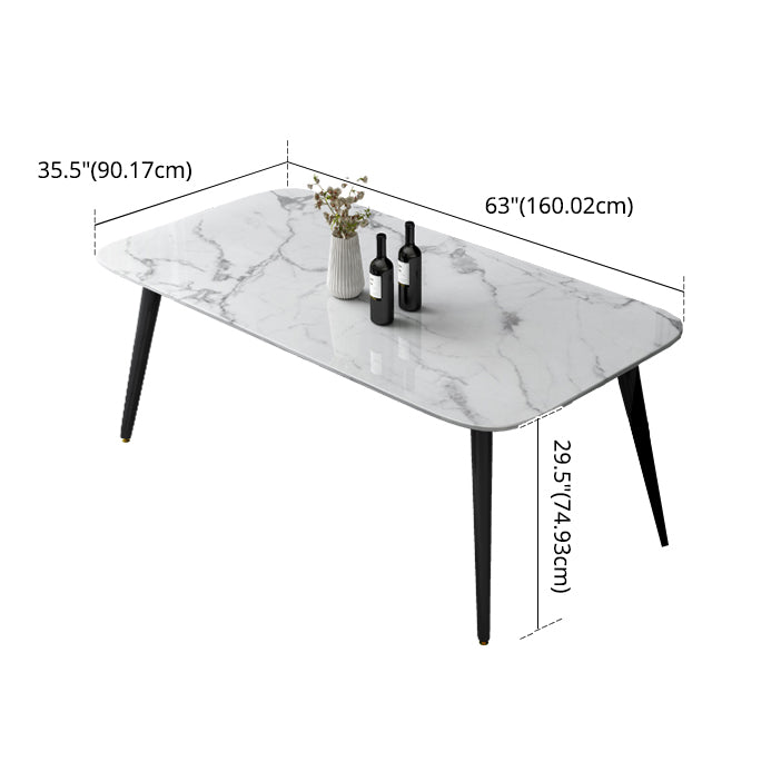 Contemporary Style Marble Dining Set with White Table and 4 Black Legs Base for Home Use