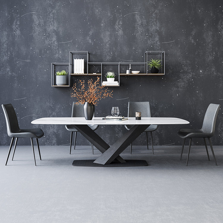 Modern Style Sintered Stone Dining Table with White Table and Black Trestle Base for Home Use