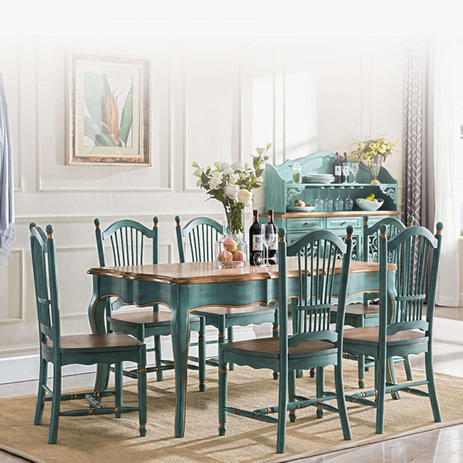 Traditional Wooden Dining Room Set Standard Height with Rectangle Top and Blue Base Dining Furniture