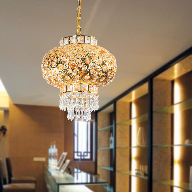 Gold Lantern Chandelier Retro Modern Crystal Hanging Light Fixture for Hallway