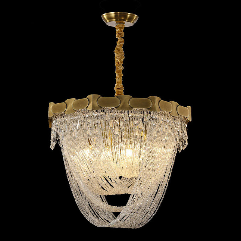 Tassel Chain Chandelier Lighting Metal Triple Light Crystal Shade Foyer Pendant Lamp