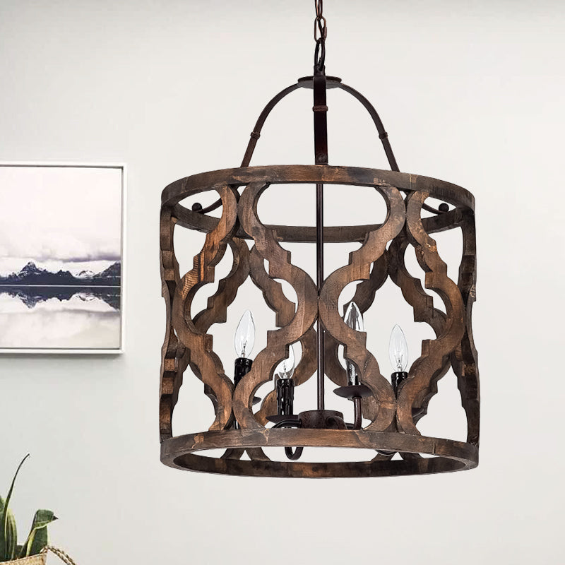 Zylinder Anhänger Kronleuchter traditionelles Holz 4 Lampen Weiß/Bräune Deckenlicht mit verstellbarer Kette