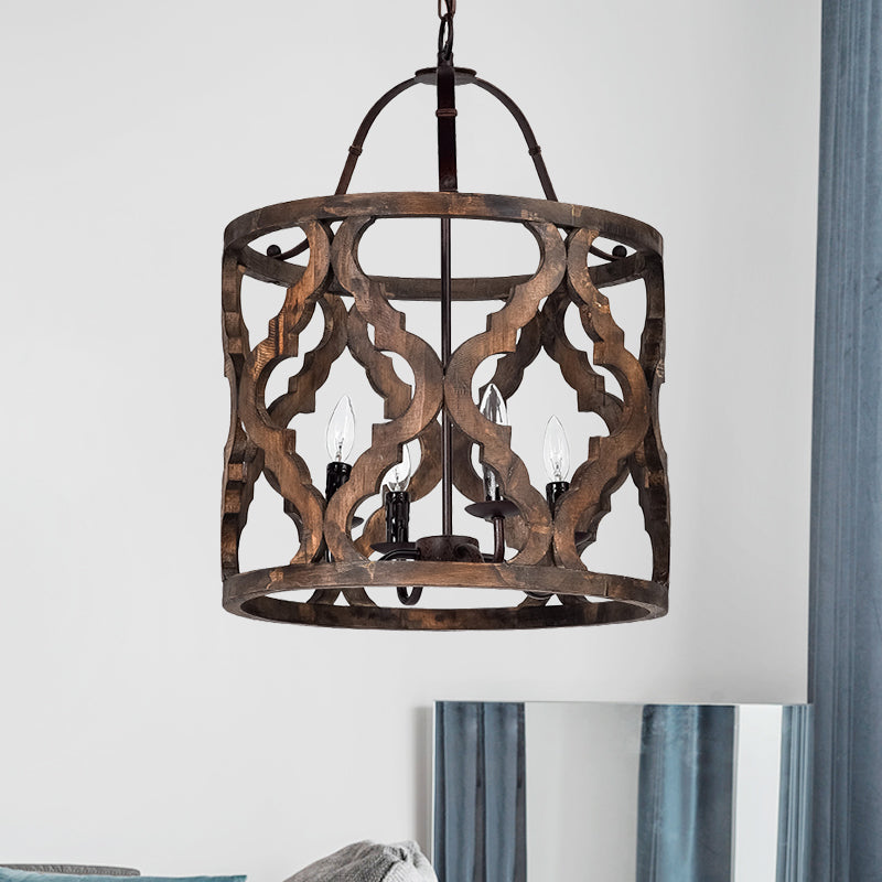 Zylinder Anhänger Kronleuchter traditionelles Holz 4 Lampen Weiß/Bräune Deckenlicht mit verstellbarer Kette