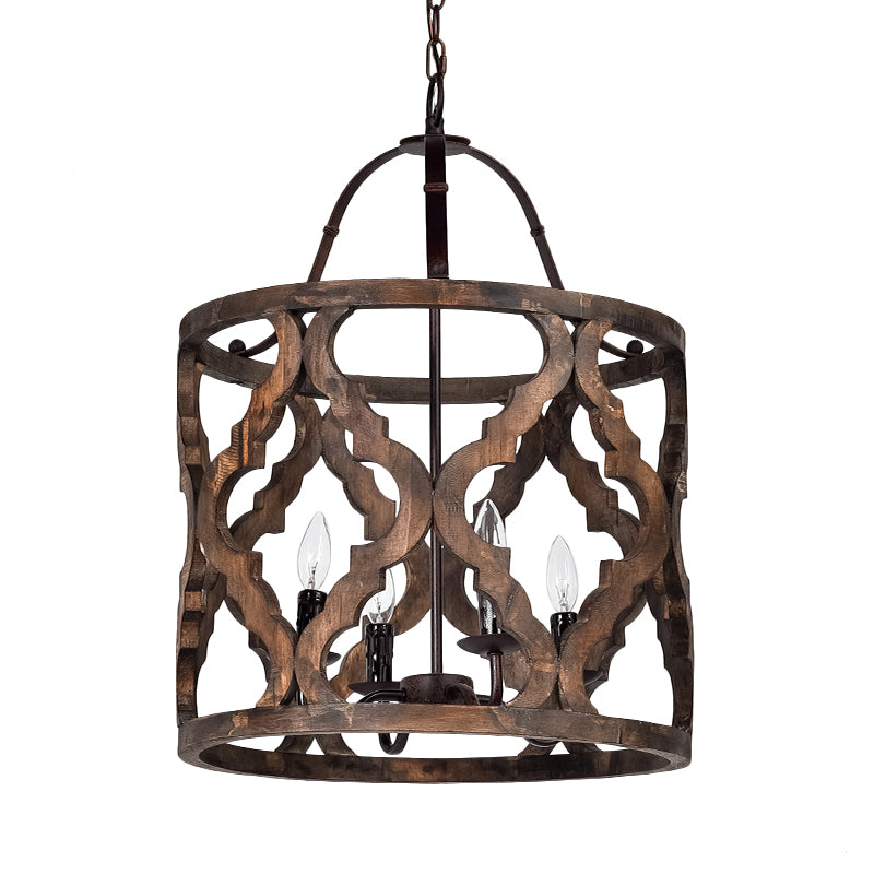 Zylinder Anhänger Kronleuchter traditionelles Holz 4 Lampen Weiß/Bräune Deckenlicht mit verstellbarer Kette