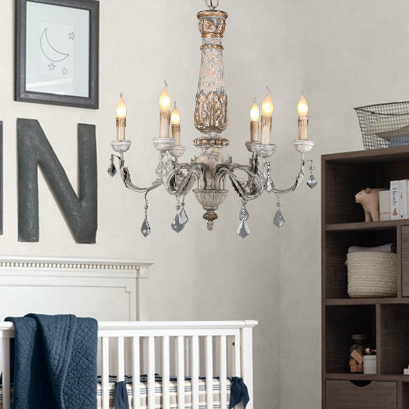 Nórdica Starburst Hanging Chandelier Wood 6 Bulbos de colmena Luz de suspensión en blanco angustiado para sala de estar