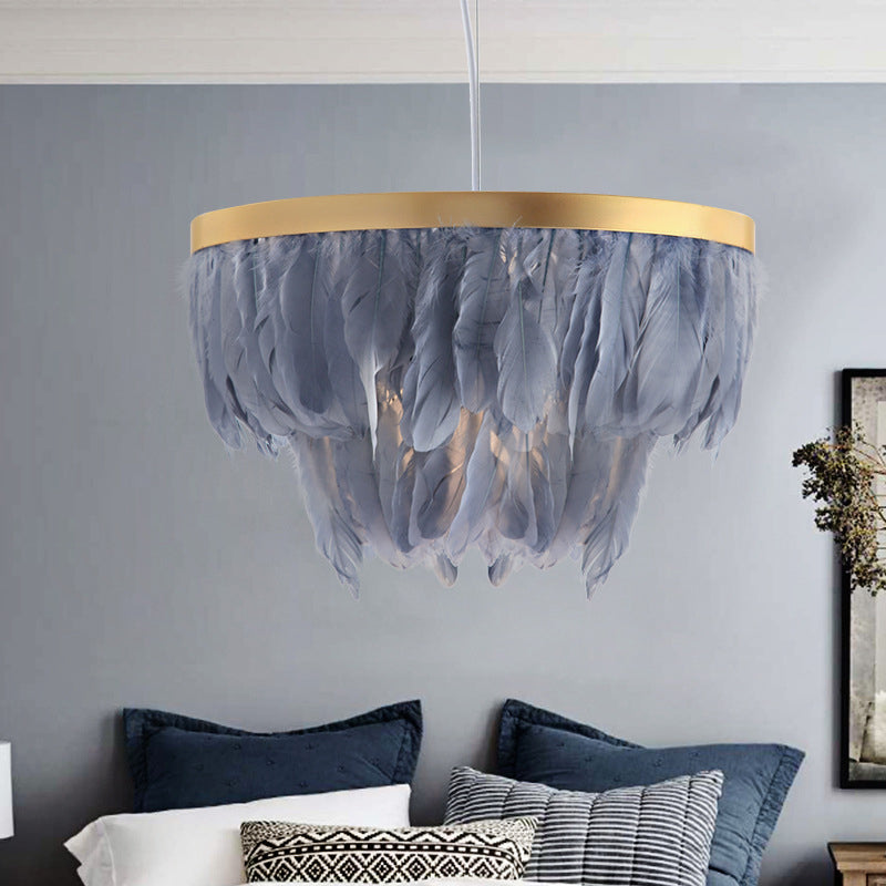Contemporain 1 Lampe de suspension de tête Gris / blanc à 2 niveaux Lumière suspendue avec une teinte en tissu pour le salon