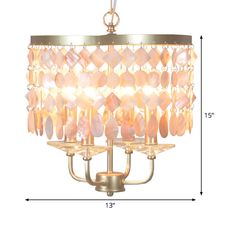 4/6 Bulbs Drum Ceiling Chandelier Traditional Shell Suspended Lighting Fixture in Brass