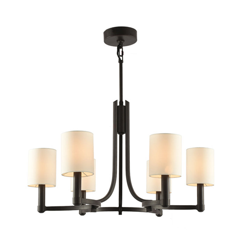 White Cylindrical Chandelier Lamp Traditional Fabric 6 Lights Living Room Hanging Light
