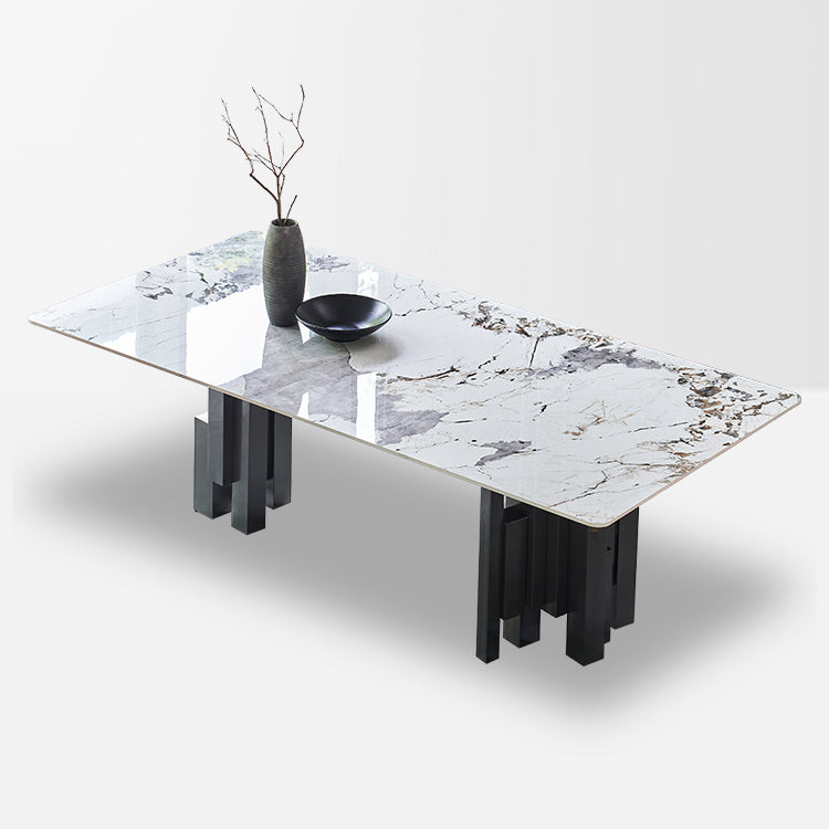 Modern Style Sintered Stone Dining Set with Grey Rectangle Shape Table and Double Pedestal Base