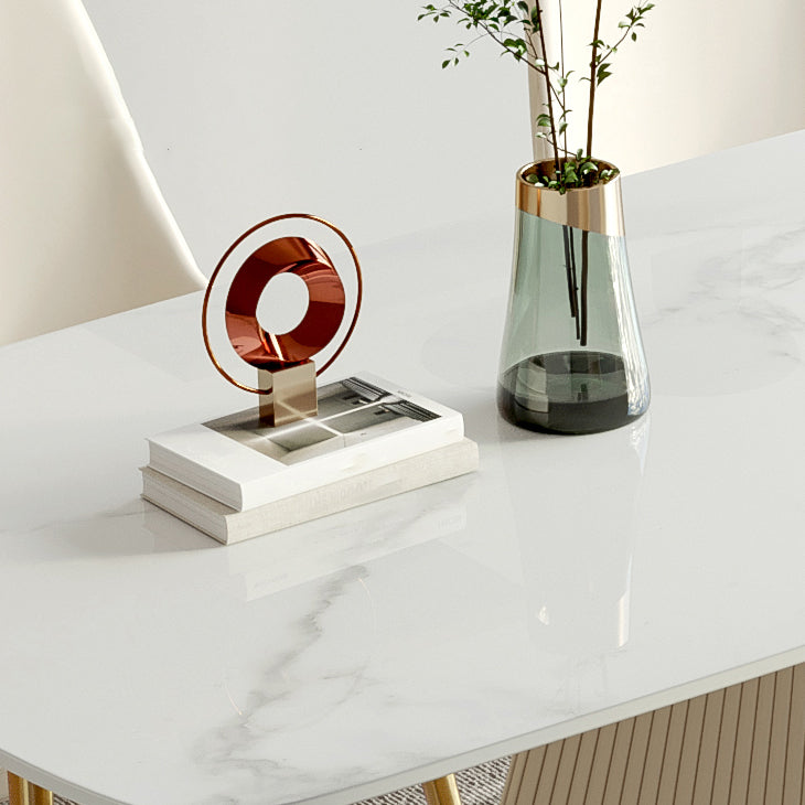 Modern Style Sintered Stone Dining Set with White Rectangle Shape Table and Pedestal Base