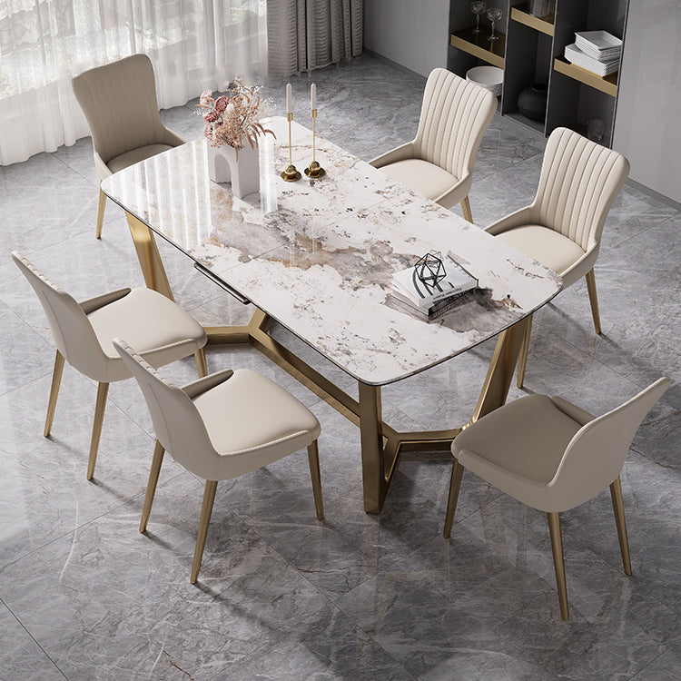 Modern Style Sintered Stone Dining Room Set with White Rectangle Shape Table and Gold Trestle Base
