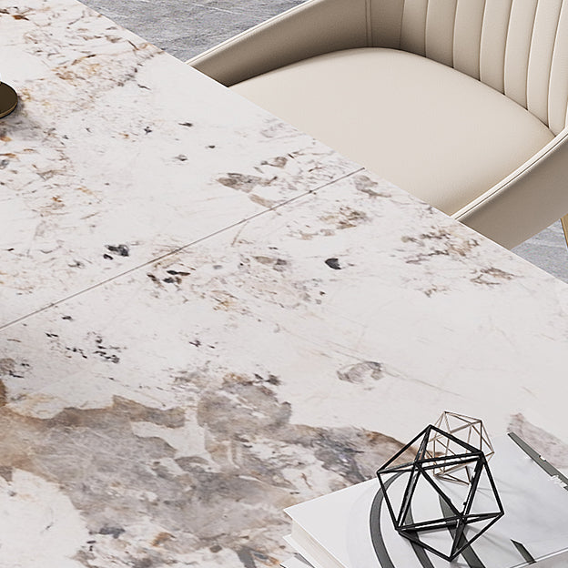 Modern Style Sintered Stone Dining Room Set with White Rectangle Shape Table and Gold Trestle Base