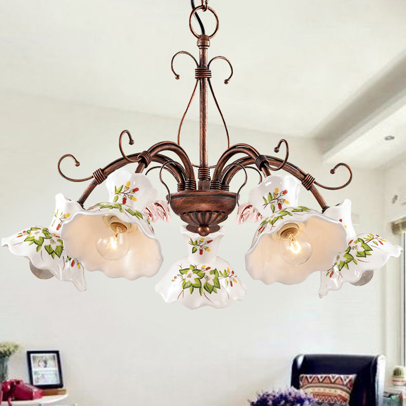 Spur Pendant Chandelier Traditional Frosted Glass 3/5 Bulbs Rust Hanging Ceiling Light with Flower Disk Shade