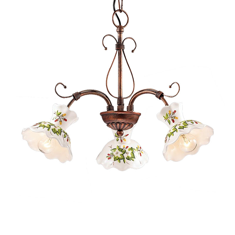 Spur Pendant Chandelier Traditional Frosted Glass 3/5 Bulbs Rust Hanging Ceiling Light with Flower Disk Shade